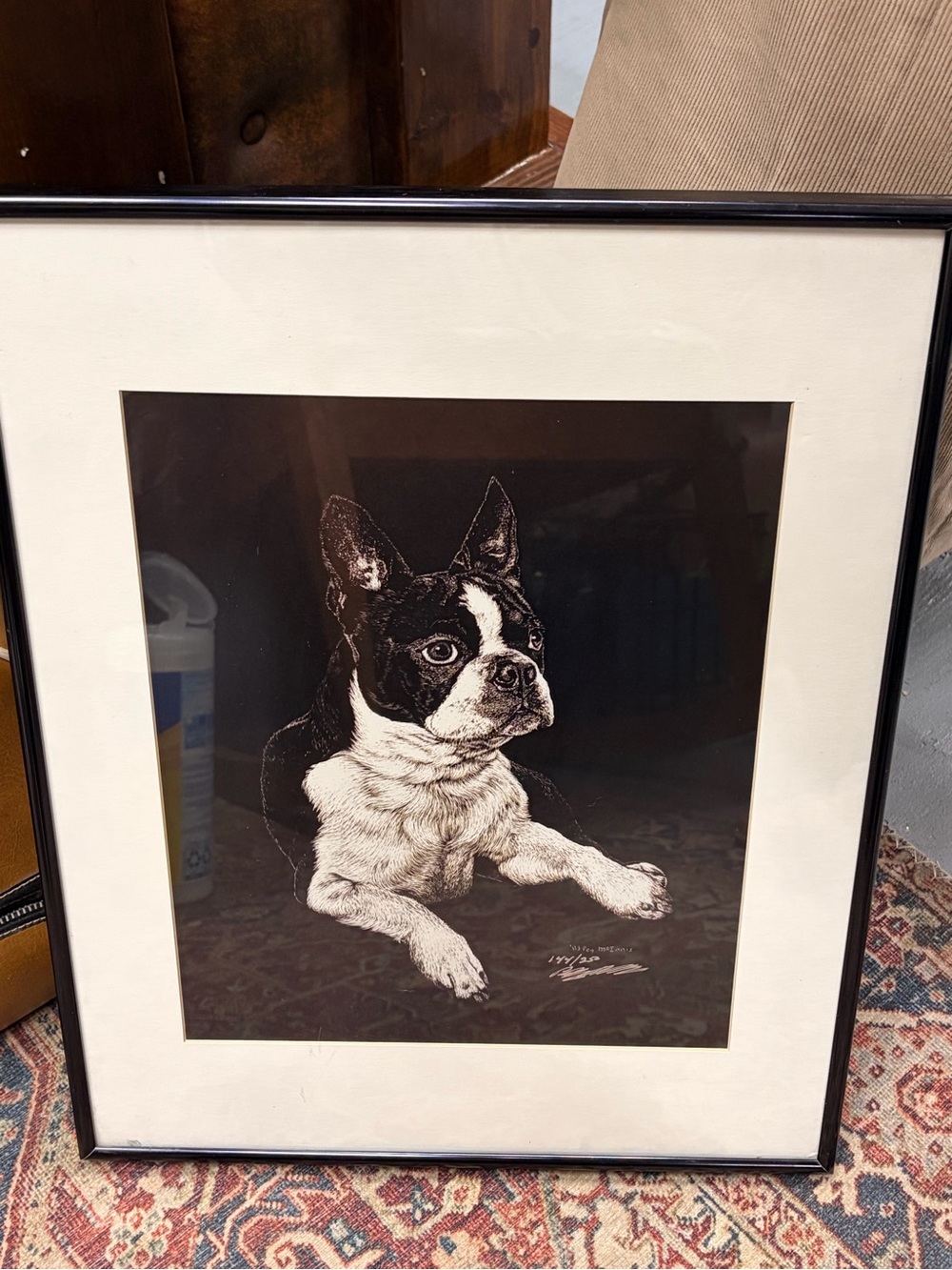 Limited Ed. VTG Peg McInnis Scratchboard Boston Terrier Art Print Framed COA